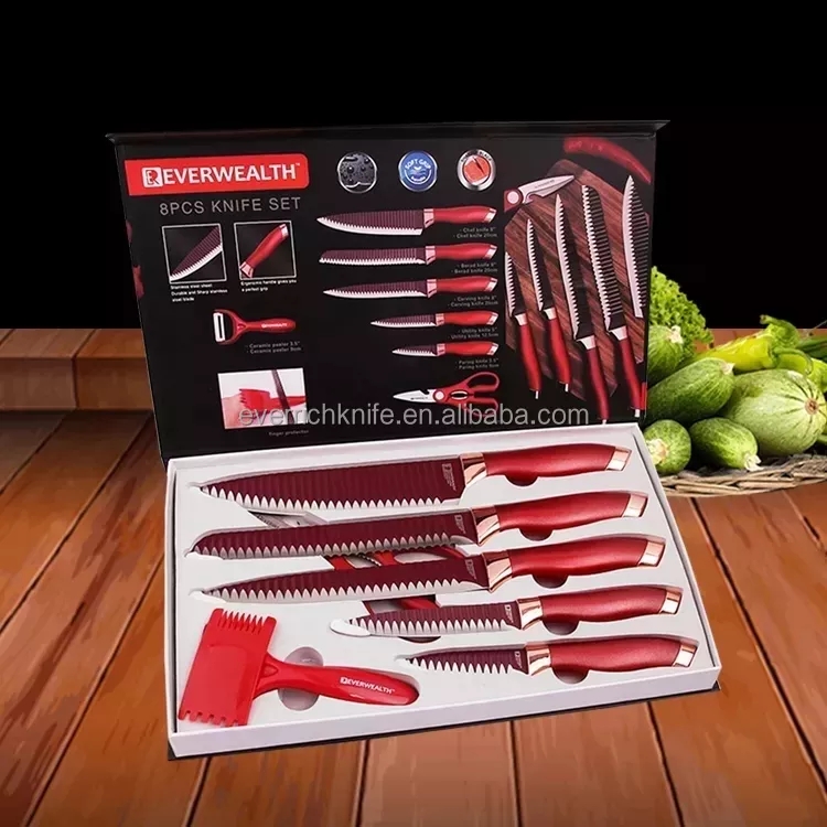 Υψηλότερο ελκυστικό καυτό τέμπλο μαχαιριών κουζινών 8 που τίθεται κόκκινο χρώμα με το κιβώτιο δώρων 