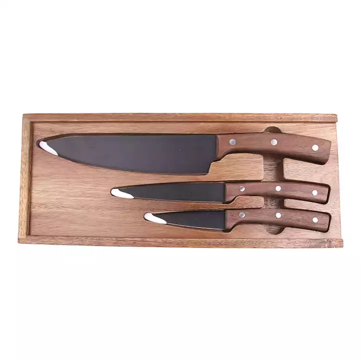 Καυτό πουλώντας νέο σχέδιο μαύρο μαχαίρι σεφ μαχαιριών κουζινών επιστρώματος οξειδίων σχεδίου που τίθεται με την ξύλινη λαβή καρυδιού 
